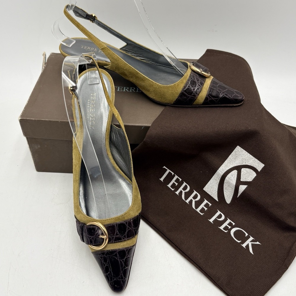 Terre Peck Italy Slingback Kitten Heels 6.5 Lime Green Suede Brown Croc Leather